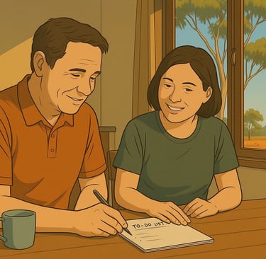 Adult writing at farmhouse table, morning light through window, gum trees and ochre soil.