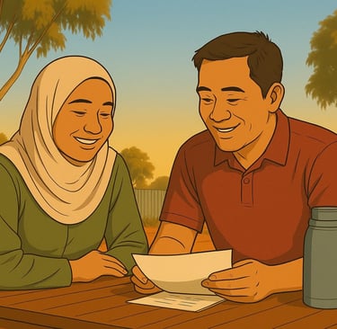 Malay couple smiling over notes outdoors in Robinvale, gum trees and red soil behind, calm focus in warm light.