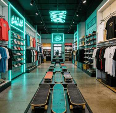 Skate shop interior featuring skateboards on display and rows of graphic t-shirts under green neon lights.