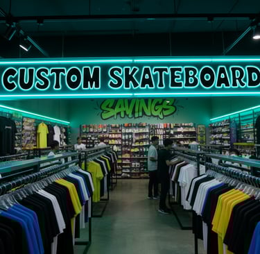 Inside a skate shop featuring a neon custom skateboards sign, clothing racks, and wall-mounted decks.