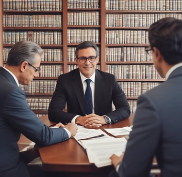 A team of legal professionals collaborating over a table filled with legal documents and a laptop.