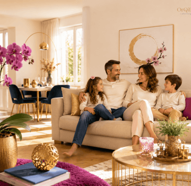 famille en harmonie dans son salon grâce au meilleur choix de la maison après conseils feng shui