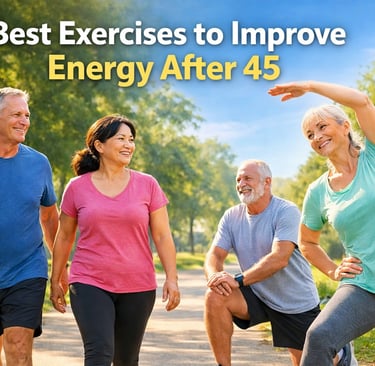 Active adults over 50 walking and stretching outdoors showing gentle exercises that help improve energy after 45