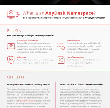 AnyDesk Namespace benefits for secure remote access and custom domain branding from AnyDesk Reseller