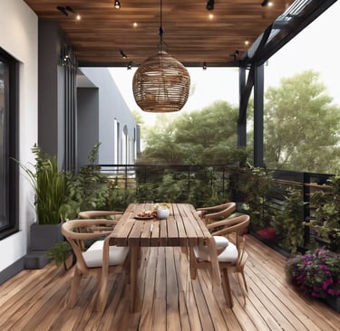 Balcony garden with a wooden table and chairs