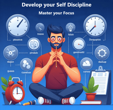 A person sitting in intense focus with symbols of focus categories around