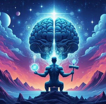 Mind over matter, image of a brain over a figure holding physical objects