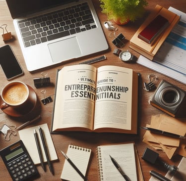 An image of a book that reads entrepreneurship essentials on a desk