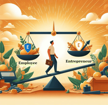 A person on a scale walking from employee mindset to entrepreneur
