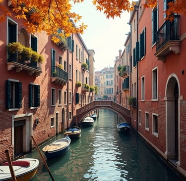 a canal in autumn with boats on the water
