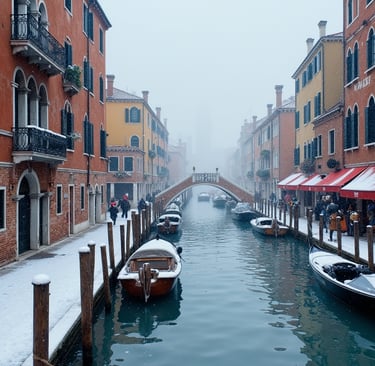 winter landscape in Venice: light snow over the shores and boats