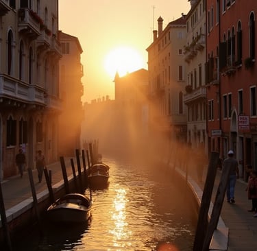 a canal with boats on the water at sunset