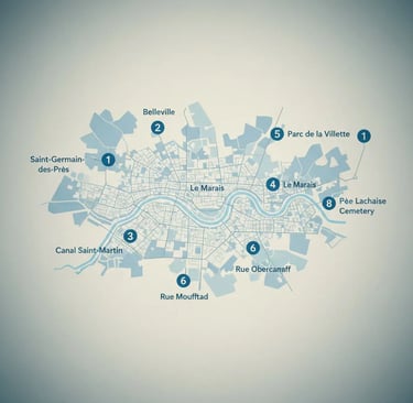 Übersichtskarte von Paris mit versteckten Vierteln wie Belleville, Le Marais und Père Lachaise
