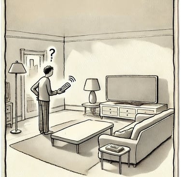 a man standing in a living room with a remote control