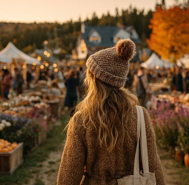 A woman in a cozy coat and knit hat strolls through a lively autumn market at sunset. 