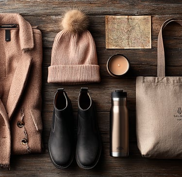 Flat lay of autumn essentials on a wooden surface tan coat, matching beanie with pom-pom, black boot