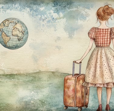 A woman with a suitcase, looks ahead of her, in the distance is a world globe