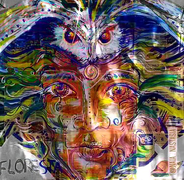 collage d'une peinture aux couleurs vives, où on peut distinguer un visage enraciné, une chouette ou encore une tête de cobra