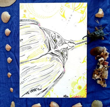 dessin de raie manta aux motifs psychédéliques au feutre fin . Cadre d'objets naturels de la mer