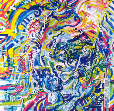 peinture acrylique comportant de nombreux détails colorés entre visage corps mythiques et paysages