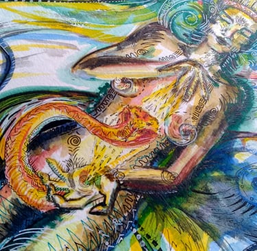 Aquarelle représentant une cabocla et l'energie du kundalini