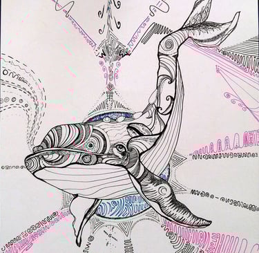 dessin de baleine aux motifs psychédéliques au feutre fin 