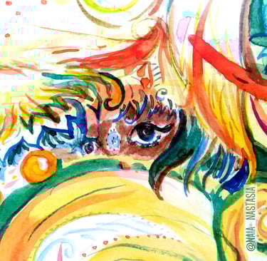 détails d'une Aquarelle aux tons orangés dans laquelle on peut distinguer un lion et un tas d'autres animaux plutôt endémique
