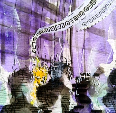aquarelle aux tons violets et jaunes représentant l'arrivée d'êtres de lumière à contresens dans la fourmilière