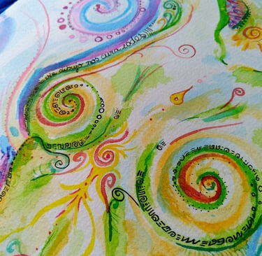 aquarelle représentant un corps à la limite du concret, vibrant et joyeux; Couleurs vers, bleus et violets.