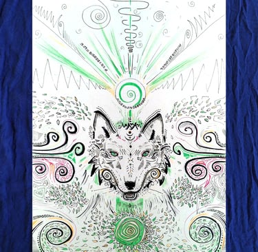 illustration aux feutres fins représentant un loup ou un renard, avec des formes psychédéliues végétales