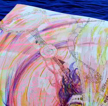 détails autoportrait de Naía à l'aquarelle aux tons rouges, avec un flux d'information qui s'échappe de sa bouche