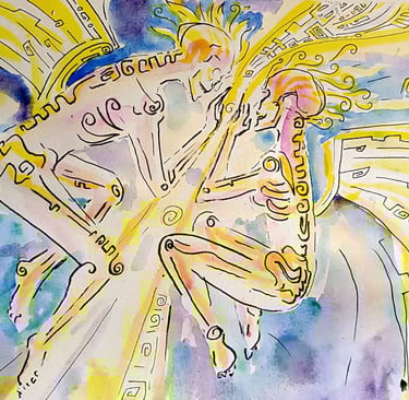 work in progress d'une Illustration à l'aquarelle de la rencontre deux âmes ailées dans un décor galactique