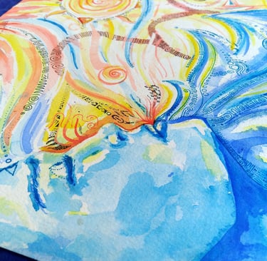 Paysage marin agité à l'aquarelle et psychédélies sur des tons orangés et bleus