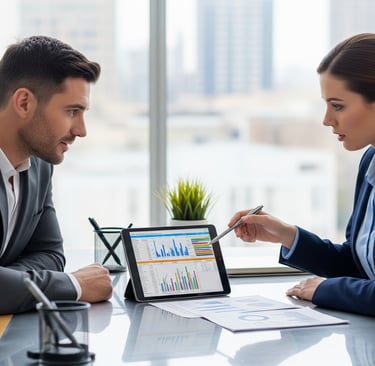Uma empresária analisando gráficos e relatórios em uma mesa moderna de escritório, com o contador