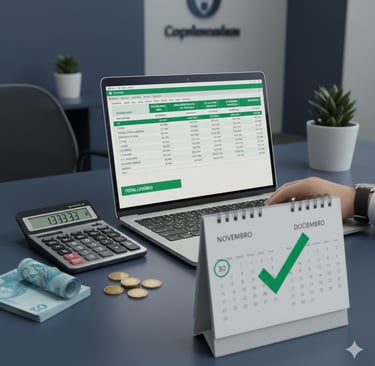 Uma pessoa segurando um calendário e uma calculadora