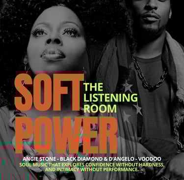 Black and white portraits of Angie Stone and D’Angelo promoting Soft Power, a vinyl listening and live performance evening.