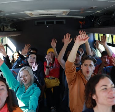 young people party on a charter bus