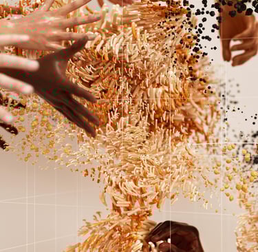 GORIGO presents  a group of people holding hands and reaching for food