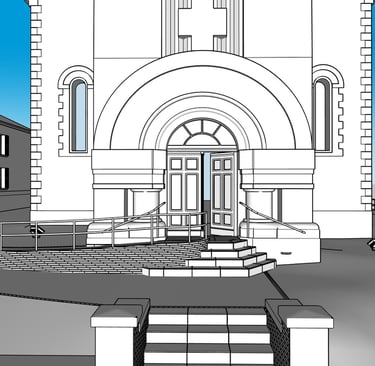 3D Sketchup du projet création de rampe PMR et de l'embellissement du parvis de l'église de Leyr