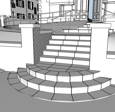 3D Sketchup du projet création de rampe PMR et de l'embellissement du parvis de l'église de Leyr