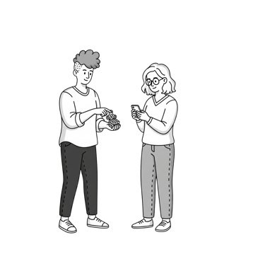A minimalist black and white illustration of two adults, one showing a fidget toy to another who is 
