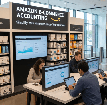 Team of e-commerce accountants analyzing Amazon seller data on computers