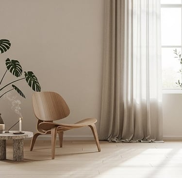 Ambiente minimalista com cadeira de madeira, plantas e luz suave entrando pela janela.