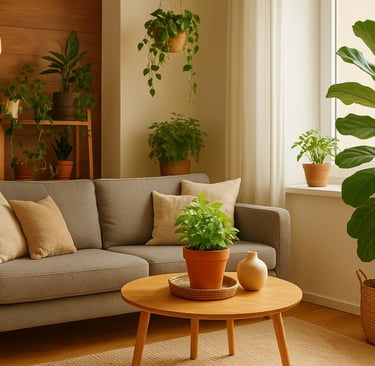 Sala com sofá neutro, luz natural, móveis de madeira e plantas, representando decoração biofílica