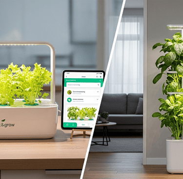 Click & Grow com manjericão e alface em bancada ao lado de Gardyn vertical com hortaliças, ambos em 