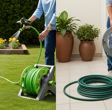 Comparativo visual entre a mangueira Flexzilla sendo usada em jardim com carretel e a Tramontina Sup