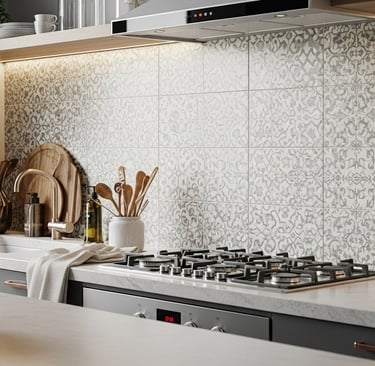 Cozinha moderna com backsplash de azulejos estilo Sevilha em tons cinza, unindo elegância e personal