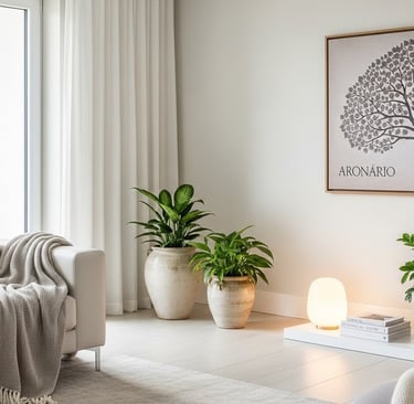 Sala com decoração escandinava clara, sofá bege, plantas e quadro grande com Árvore da Vida na pared