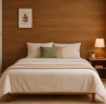 Quarto decorado com papel de parede madeira freijó, cama em tons neutros, iluminação quente e planta