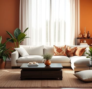 Sala de estar decorada com tendências de 2025, com móveis retrô, parede terracota e iluminação suave